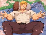  1boy ass_visible_through_thighs bangs bara belt blonde_hair blush brown_pants bulge cherry_blossoms cleavage_cutout clothes_lift clothing_cutout feet_out_of_frame granblue_fantasy green_eyes large_pectorals looking_at_viewer lying male_cleavage male_focus midriff_peek muscular muscular_male on_back one_eye_closed pants pectorals shirt shirt_lift short_hair sleeves_rolled_up solo spread_legs thick_eyebrows thick_thighs thighs vane_(granblue_fantasy) vert_cypres white_shirt 