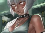  1girl bangs breasts cleavage collar dark-skinned_female dark_skin facial_mark final_fantasy final_fantasy_xiv hjz_(artemi) large_breasts lips looking_at_viewer neck_tattoo short_hair silver_eyes silver_hair slit_pupils solo tank_top tattoo upper_body whisker_markings y&#039;shtola_rhul 