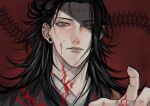  1boy absurdres bangs black_hair black_kimono blood blood_on_face bloody_clothes bloody_hands ear_piercing getou_suguru grey_eyes hand_up highres japanese_clothes jennyandloiryan jujutsu_kaisen kimono long_hair looking_at_viewer male_focus parted_lips piercing portrait red_background red_eyes solo stitches 