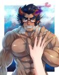  1boy abs absurdres bara beard black-framed_eyewear blush broken_horn completely_nude dark-skinned_male dark_blue_hair dark_skin demon_boy demon_horns facial_hair fang fiery_horns glasses hand_to_hand highres horns huge_filesize kageru_(mofnyan) large_pectorals long_sideburns male_focus mature_male muscular muscular_male naughty_face nipples nude palms_together pectorals pov sexually_suggestive short_hair sideburns size_difference smile solo_focus stomach stubble sweat takemaru_(tokyo_houkago_summoners) thick_eyebrows tokyo_houkago_summoners upper_body 