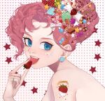  1girl bare_shoulders blue_eyes candy_hair_ornament curly_hair earrings food food-themed_hair_ornament freckles fruit hair_ornament holding holding_food holding_fruit jewelry my_little_pony my_little_pony_friendship_is_magic personification pink_hair pinkie_pie solo strawberry tattoo xieyanbbb 
