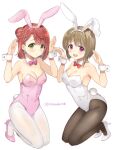 2girls :d :o animal_ears bangs bare_shoulders black_legwear blush bow bowtie braid breasts brown_hair bunny_ears bunny_pose bunny_tail cleavage collar collarbone commentary_request cover_image detached_collar eyebrows_visible_through_hair fake_animal_ears green_eyes hair_bun hair_ornament hairband hairclip hands_up high_heels highres leotard looking_at_viewer love_live! love_live!_nijigasaki_high_school_idol_club medium_breasts multiple_girls nakasu_kasumi one_side_up open_mouth pantyhose parted_lips pink_footwear pink_hairband pink_leotard pink_neckwear playboy_bunny purple_eyes red_neckwear sakurai_makoto_(custom_size) shoes short_hair side_bun simple_background smile strapless strapless_leotard tail twitter_username uehara_ayumu upper_teeth white_background white_collar white_footwear white_hairband white_legwear white_leotard wing_collar wrist_cuffs 