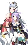  2girls :d animal_ears aqua_legwear bare_shoulders belt blush boots breasts dress frills gloves gold_ship_(umamusume) hat highres horse_ears horse_tail kneehighs long_hair looking_at_viewer mania_(fd6060_60) mejiro_mcqueen_(umamusume) multiple_girls open_mouth purple_eyes purple_hair school_uniform silver_hair simple_background smile tail umamusume white_background white_gloves 