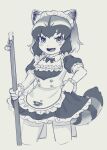  1girl alternate_costume ananna animal_ears apron blush bow bowtie commentary_request common_raccoon_(kemono_friends) detached_collar dress enmaided extra_ears eyebrows_visible_through_hair fang frilled_dress frilled_sleeves frills highres japari_symbol kemono_friends kinkitsu1824 looking_at_viewer maid maid_headdress monochrome official_alternate_costume open_mouth puffy_short_sleeves puffy_sleeves raccoon_ears raccoon_girl raccoon_tail short_sleeves smile solo tail thighhighs white_apron zettai_ryouiki 