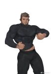  1boy amo9612 bara beard black_pants brown_hair bulge chris_redfield clothes_lift covered_abs covered_nipples facial_hair feet_out_of_frame headphones highres large_pectorals lifted_by_self looking_at_viewer male_focus mature_male midriff_peek muscular muscular_male navel_hair pants pectorals resident_evil resident_evil_5 shirt shirt_lift short_hair skin_tight solo stubble taut_clothes taut_shirt thick_thighs thighs tight tight_pants undercut 