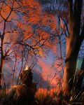 1boy anato_finnstark artist_name blue_sky day from_behind geralt_of_rivia grass highres horseback_riding male_focus outdoors red_sky riding sky sword sword_on_back the_witcher_(series) the_witcher_3 tree weapon 