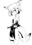  1girl animal_ear_fluff animal_ears apron arknights bangs blush breasts cropped_legs dusonson fox_ears fox_girl fox_tail from_side greyscale hair_ornament korean_commentary looking_at_viewer mechanical_arms monochrome notched_ear open_mouth prosthesis prosthetic_arm short_hair sideboob single_mechanical_arm skindentation small_breasts solo sweatdrop tail thigh_strap tsurime vermeil_(arknights) waist_bow 