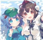  2girls :d blue_eyes blue_hair breasts brown_eyes brown_hair cloud cloudy_sky hair_bobbles hair_ornament hat highres kawashiro_nitori large_breasts multiple_girls nohoshio open_mouth outdoors pom_pom_(clothes) selfie shameimaru_aya short_hair sky smile star_(symbol) tokin_hat touhou two_side_up v 