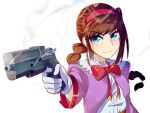  1girl aliasing artist_request blue_eyes braid breasts brown_hair closed_mouth coat gloves gun hairband long_hair red_hairband sidelocks simple_background smile solo virginia_maxwell weapon white_background wild_arms wild_arms_3 
