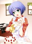  1girl air apron artist_request blue_hair cake food frilled_apron frills green_eyes highres icing kirishima_kano kitchen open_mouth pastry_bag red_sweater short_hair solo stove strawberry_shortcake striped striped_sweater sweater white_apron window 