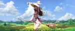  1girl absurdres blue_sky boots broom broom_riding brown_hair cloud flower flying hand_on_headwear hat highres kagari_atsuko knee_boots little_witch_academia long_hair mountain pink_ribbon red_eyes red_ribbon ribbon sky smile solo thighs tower tree wabeibei white_hair wide_sleeves witch_hat 