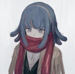  1girl bangs black_jacket blue_hair brown_eyes brown_jacket danganronpa_(series) danganronpa_3_(anime) gekkougahara_miaya grey_background grey_hairband grey_shirt hair_flaps hairband iumi_urura jacket long_sleeves looking_at_viewer medium_hair red_scarf scarf shirt simple_background solo upper_body 