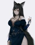  1girl animal_ear_fluff animal_ears aoi_ogata artist_name bare_shoulders black_hair blue_dress blue_nails breasts bridal_gauntlets cat_ears cleavage clip_studio_paint_(medium) closed_mouth commentary commission crescent crescent_hair_ornament dress english_commentary frey_(vtuber) grey_background grey_eyes hair_ornament highres indie_virtual_youtuber juliet_sleeves long_hair long_sleeves looking_at_viewer medium_breasts nail_polish off-shoulder_dress off_shoulder puffy_sleeves red_lips simple_background tail very_long_hair virtual_youtuber 