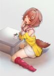  1girl :3 animal_collar animal_ears bangs bone_hair_ornament braid brown_eyes brown_hair clothing_cutout coffee_mug collar cup dog_ears dog_girl dog_tail dress elbows_on_table from_above from_side full_body hair_ornament hairclip highres hololive inugami_korone jacket jalapeno_(chili) kelly_0w0 long_hair loose_socks low_twin_braids mug no_shoes off_shoulder one_eye_closed open_mouth red_collar red_legwear short_dress sitting socks solo tail tail_cutout twin_braids twintails virtual_youtuber wariza white_dress yawning yellow_jacket 