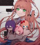  4girls bangs bow brown_hair crying crying_with_eyes_open doki_doki_literature_club green_eyes hair_ornament hairclip highres hug long_hair monika_(doki_doki_literature_club) multiple_girls natsuki_(doki_doki_literature_club) pink_eyes pink_hair purple_eyes purple_hair red_ribbon ribbon sayori_(doki_doki_literature_club) school_uniform short_hair skirt stuffed_toy tears twintails user_xyxr8482 yuri_(doki_doki_literature_club) 