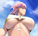  1girl bangs bikini braid braided_ponytail breasts chaldea_lifesavers cloud cloudy_sky commentary_request day eyebrows_visible_through_hair fate/grand_order fate_(series) florence_nightingale_(fate) from_below highres karakari large_breasts long_hair looking_to_the_side pink_hair red_eyes sky smile solo sparkle swimsuit wet yellow_bikini 