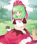  1girl :d blush bunny commentary_request commission day dress frills front_ponytail grass green_eyes green_hair hair_ribbon happy kagiyama_hina mito_tsubaki open_mouth outdoors red_dress ribbon skeb_commission smile solo touhou tree 