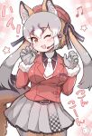  1girl :3 animal_ears black_shirt blush claw_pose collared_shirt commentary_request cowboy_shot fox_ears fox_girl fox_tail frilled_skirt frills fur_trim gloves grey_gloves grey_hair grey_legwear grey_skirt highres island_fox_(kemono_friends) jacket kemono_friends light_brown_hair long_hair long_sleeves looking_at_viewer multicolored_hair necktie official_alternate_costume one_eye_closed open_mouth orange_eyes orange_jacket orange_legwear pantyhose pleated_skirt shirt skirt solo sound_effects tail tanaka_kusao translated twintails two-tone_hair two-tone_legwear virtual_youtuber white_fur white_neckwear 