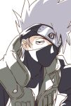  1boy facial_mark hatake_kakashi looking_at_viewer namori naruto naruto_(series) ninja scar short_hair silver_hair simple_background white_background 