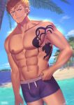  1boy abs absurdres bara bare_pectorals beach blonde_hair bulge chest_tattoo fairy_tail highres huge_filesize laxus_dreyar long_sideburns looking_at_viewer male_focus male_swimwear mixivsky muscular muscular_male navel navel_hair nipples partially_submerged pectorals pulled_by_self purple_male_swimwear shadow short_hair sideburns smile solo stomach swim_trunks tattoo underwear_pull wet 