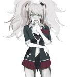  1girl bangs bear_hair_ornament blush bow bow_shirt breasts cleavage commentary_request cowboy_shot danganronpa:_trigger_happy_havoc danganronpa_(series) enoshima_junko finger_to_tongue gloves hair_ornament hand_up highres iumi_urura long_hair looking_at_viewer miniskirt nail_polish necktie open_mouth pleated_skirt red_bow red_skirt school_uniform simple_background skirt sleeves_rolled_up smile solo twintails 