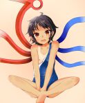  1girl alternate_costume asymmetrical_wings bangs black_hair blue_swimsuit blue_wings blush brown_background commentary_request eyebrows_visible_through_hair flat_chest full_body houjuu_nue looking_at_viewer nipples nittanishi open_mouth pointy_ears red_eyes red_wings school_swimsuit short_hair simple_background smile solo swimsuit swimsuit_aside tan tanline touhou upper_teeth wings 