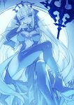  1girl boots breasts chikinan_tarou cleavage crossed_legs crown fate/grand_order fate_(series) finger_to_cheek garter_straps high_heel_boots high_heels large_breasts limited_palette long_hair monochrome morgan_le_fay_(fate) solo thigh_boots thighhighs thighs 