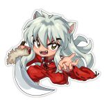  1boy animal_ears chibi dog_ears fangs fingernails fur_trim grey_background grey_hair hair_between_eyes holding holding_sword holding_weapon inuue_kiyu inuyasha inuyasha_(character) japanese_clothes jewelry long_fingernails long_hair long_sleeves magatama magatama_necklace male_focus necklace open_mouth outline sharp_fingernails simple_background smile solo sword teeth tongue weapon white_outline wide_sleeves yellow_eyes 