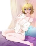  1girl ahoge bangs barefoot blonde_hair blue_eyes bush feet hair_between_eyes highres last_origin looking_at_viewer naked_shirt off_shoulder open_mouth p/a-00_griffon p220_31495 shirt short_hair smile solo 