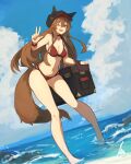  1girl ;d animal_ears barefoot beach bikini blue_sky breasts brown_eyes brown_hair choker cleavage cloud day dutch_angle fake_animal_ears fang full_body hair_between_eyes highres lansane leaning_forward long_hair medium_breasts navel ocean one_eye_closed open_mouth original outdoors pigeon-toed red_bikini shallow_water sidelocks signature skin_fang sky smile solo standing swimsuit tail tall tsana_(lansane) v wading water wet wolf_ears wolf_tail 