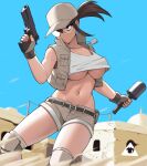  1girl belt breasts brown_eyes brown_hair crop_top day dog_tags donburi_(donburikazoku) dual_wielding explosive expressionless facing_viewer fingerless_gloves fio_germi glasses gloves grenade gun hand_up highres holding holding_grenade holding_gun holding_weapon large_breasts long_hair looking_to_the_side metal_slug metal_slug_tactics midriff navel no_bra open_clothes open_vest outdoors ponytail serious short_shorts shorts solo stielhandgranate tank_top thighs underboob vest weapon white_tank_top 