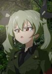  1girl absurdres anchovy_(girls_und_panzer) anzio_military_uniform bangs belt black_neckwear black_ribbon black_shirt brown_eyes dress_shirt drill_hair drops_mint eyebrows_visible_through_hair fang frown girls_und_panzer girls_und_panzer_saishuushou glaring green_hair grey_jacket hair_ribbon highres jacket long_hair long_sleeves looking_to_the_side military military_uniform necktie night open_mouth outdoors parody ribbon sam_browne_belt scene_reference shirt solo squinting twin_drills twintails uniform upper_body wing_collar 