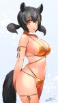  1girl animal_ears aye-aye_(kemono_friends) bangs bare_shoulders bikini black_hair breasts choker commentary cowboy_shot eyebrows_visible_through_hair hair_between_eyes happa_(cloverppd) highres kemono_friends large_breasts lemur_ears lemur_tail looking_at_viewer low_twintails multicolored_hair navel orange_eyes parted_lips signature simple_background solo stomach sweat swimsuit tail twintails white_background yellow_bikini yellow_choker 