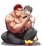  2boys abs akashi_(live_a_hero) alternate_costume bara blush bulge crossed_legs facial_hair goatee gradient_hair grey_pants highres holding holding_phone kizami_nori_to_yamaimo live_a_hero long_sideburns looking_at_another male_focus male_protagonist_(live_a_hero) mature_male multicolored_hair multiple_boys muscular muscular_male navel off_shoulder pants pectorals phone red_eyes red_hair shirtless short_hair sideburns sitting socks stomach thick_eyebrows track_pants yaoi 