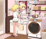  1girl barefoot bathroom blonde_hair closed_mouth comb door faucet from_behind full_body gochuumon_wa_usagi_desu_ka? hair_dryer hand_soap holding kirima_sharo mirror mohei shirt short_hair short_sleeves shorts sink slippers solo toothbrush toothpaste towel washing_machine white_shirt 