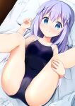  1girl bed blue_eyes blue_hair blue_swimsuit blush collarbone commentary_request competition_school_swimsuit gochuumon_wa_usagi_desu_ka? hair_ornament highres inakami kafuu_chino light_blue_hair looking_at_viewer lying school_swimsuit solo spread_legs swimsuit x_hair_ornament 