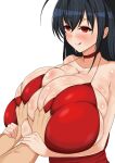  1boy 1girl absurdres ahoge azur_lane black_hair blush breast_grab breasts choker cleavage cocktail_dress deep_skin dress fat_folds gigantic_breasts grabbing groping guided_breast_grab highres licking_lips long_hair official_alternate_costume pairada_pirata red_choker red_eyes shiny shiny_skin simple_background solo_focus spaghetti_strap taihou_(azur_lane) taihou_(forbidden_feast)_(azur_lane) tongue tongue_out upper_body very_long_hair white_background 