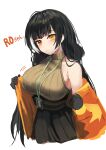  1girl bangs bare_shoulders black_hair breasts closed_mouth dano girls&#039;_frontline heterochromia highres id_card jacket large_breasts long_hair looking_at_viewer mod3_(girls&#039;_frontline) multicolored_hair red_eyes ro635_(girls&#039;_frontline) simple_background skirt sleeveless_sweater solo streaked_hair white_background white_hair yellow_eyes yellow_jacket 