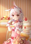  1girl absurdres alternate_costume animal_ears bangs bare_shoulders birthday birthday_cake blue_eyes breasts cake cake_slice cleavage crown eating egg food food_focus fork fox_ears gloves hair_between_eyes hair_ornament hairclip highres holding holding_food honkai_(series) honkai_impact_3rd pink_eyes plate side_ponytail small_breasts solo theresa_apocalypse theresa_apocalypse_(sakura_rondo) white_hair xiao_feng_(1023032145) 