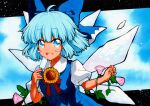  1girl bangs black_border blue_background blue_bow blue_dress blue_eyes blue_hair border bow cirno dress eyebrows_visible_through_hair eyes_visible_through_hair flower food hair_between_eyes hands_up ice ice_cream ice_wings leaf looking_at_viewer open_mouth pink_flower qqqrinkappp short_hair short_sleeves smile solo sunflower tanned_cirno touhou traditional_media white_sleeves wings 