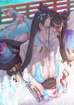  1girl ass bangs bikini blue_bikini blue_legwear book breasts circlet cleavage collarbone double_bun fate/grand_order fate_(series) feet feet_up glasses ion_(cation) large_breasts legs long_hair long_sleeves looking_at_viewer lying murasaki_shikibu_(fate) murasaki_shikibu_(swimsuit_rider)_(fate) on_stomach purple_eyes purple_hair shirt soles swimsuit thighhighs thighs toeless_legwear very_long_hair white_shirt 