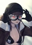  1girl adjusting_eyewear aviator_cap bangs beeeeen bikini bikini_top bomber_jacket breasts brown_hair gloves goggles goggles_on_eyes jacket last_origin long_hair open_mouth p-49_sleipnir pilot_helmet red_eyes small_breasts solo swimsuit 