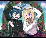  1boy 1girl :d ;d ahoge akamatsu_kaede arm_up bangs black_border black_jacket blonde_hair border breasts buttons collared_shirt commentary confetti cowboy_shot danganronpa_(series) danganronpa_v3:_killing_harmony double-breasted flower furukawa_(yomawari) hair_ornament heart_ahoge heart_arms_duo highres jacket large_breasts letterboxed long_hair long_sleeves looking_at_another looking_at_viewer musical_note musical_note_hair_ornament necktie one_eye_closed open_mouth outdoors pillarboxed pink_vest purple_eyes saihara_shuuichi school_uniform shirt skirt smile striped_jacket sweater_vest upper_teeth vest 