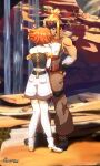  1boy 1girl a.b.a absurdres bare_shoulders blonde_hair couple fake_screenshot guilty_gear guilty_gear_strive high_heels highres orange_hair pale_skin pants paracelsus personification ranpakoka short_hair shorts tan thighhighs white_legwear 