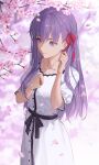  1girl cherry_blossoms closed_mouth dress drid fate/stay_night fate_(series) hair_ribbon hands_up highres holding keychain long_hair matou_sakura puffy_short_sleeves puffy_sleeves purple_eyes purple_hair red_ribbon ribbon short_sleeves smile solo upper_body white_dress 