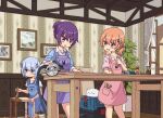  3girls :&lt; blue_eyes caliper closed_mouth curtains gochuumon_wa_usagi_desu_ka? holding holding_paintbrush hoto_cocoa indoors kafuu_chino light_blue_hair mohei multiple_girls open_window paintbrush painting painting_(object) plant purple_eyes purple_hair ruler saw scissors short_sleeves steel_square table tagme tedeza_rize window wooden_floor 