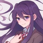  1girl blush closed_mouth commentary doki_doki_literature_club hair_ornament hairclip hands_up long_hair long_sleeves looking_at_viewer m1stm1 neck_ribbon portrait purple_eyes purple_hair red_neckwear ribbon school_uniform simple_background solo upper_body white_background yuri_(doki_doki_literature_club) 