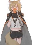  1girl animal_ears arknights black_cloak black_shorts blonde_hair cloak commentary cup drinking feet_out_of_frame fox_ears fox_girl fox_tail hair_ornament hairclip highres holding holding_cup hood hood_down hooded_cloak looking_at_viewer midriff mug orange_eyes shirt short_hair shorts simple_background solo tail tooth_necklace us_(ycas_sbr) vermeil_(arknights) white_background white_shirt 