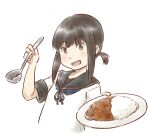  1girl black_hair black_sailor_collar commentary_request curry curry_rice food fubuki_(kancolle) green_eyes holding holding_spoon kantai_collection karasu_(naoshow357) long_hair looking_at_viewer low_ponytail ponytail remodel_(kantai_collection) rice sailor_collar short_ponytail sidelocks simple_background solo spoon white_background 