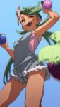  1girl ;d armpits blush bounsweet dark-skinned_female dark_skin flower from_below fu-ta gen_7_pokemon green_eyes green_hair hair_flower hair_ornament highres holding long_hair low_twintails mallow_(pokemon) one_eye_closed open_mouth panties pantyshot pokemon pokemon_(creature) pokemon_(game) pokemon_sm smile standing striped striped_panties teeth twintails underwear upper_teeth 